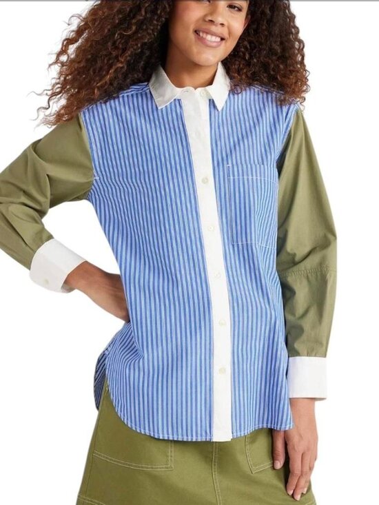 free-assembly Tops - Free Assembly 100% Cotton Blue Striped Button-Up With Green Sleeves Size XS
